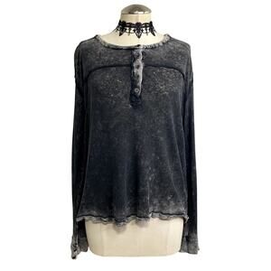 Free People Gray Henley Grunge Whimsigoth Boho Ombre Distressed Long Sleeve